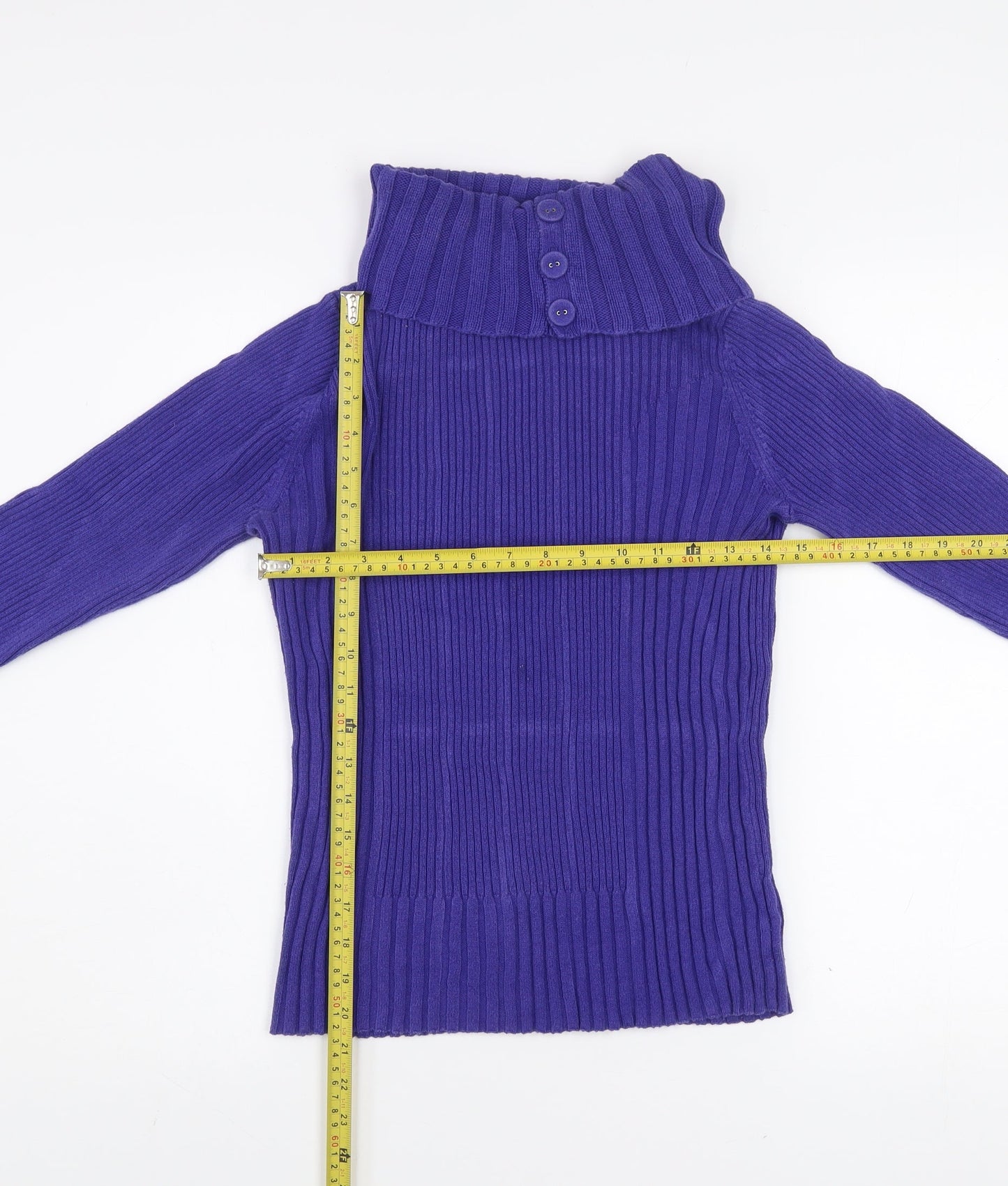 DKNY Jeans Women's Purple Roll Neck Ribbed Cotton Jumper Size M