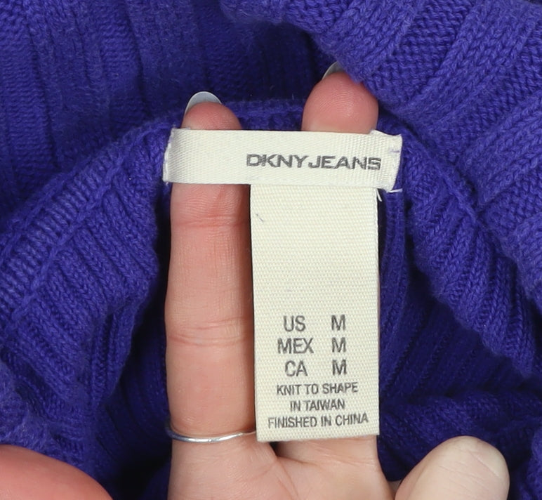 DKNY Jeans Women's Purple Roll Neck Ribbed Cotton Jumper Size M