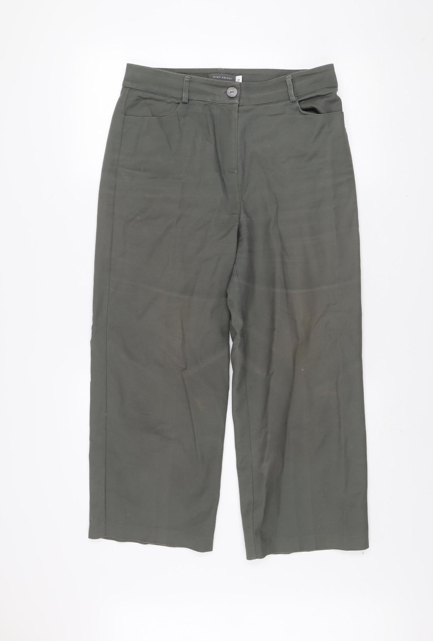 Mint Velvet Women's Green Cropped Wide-Leg Cotton Trousers Size 12R