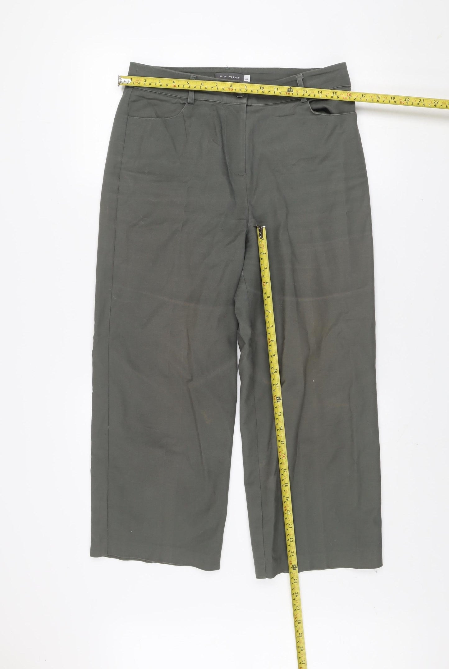 Mint Velvet Women's Green Cropped Wide-Leg Cotton Trousers Size 12R