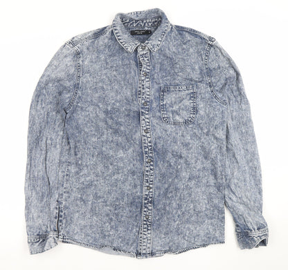 New Look Men Blue Denim Long Sleeve Button-Up Shirt M