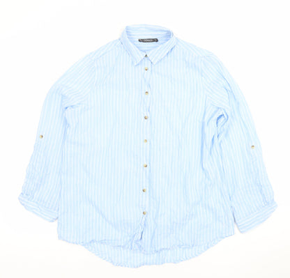 Dunnes Women Blue Striped Cotton Long Sleeve Button-Up Shirt M