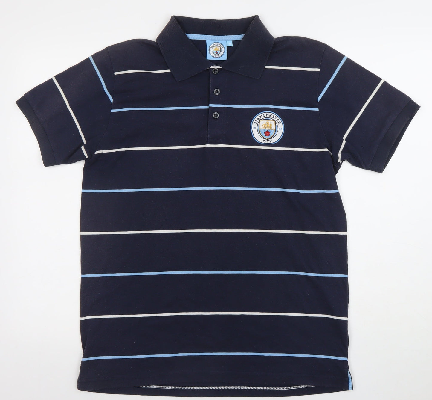 Manchester City Men's Navy Blue Striped Polo Shirt Size M