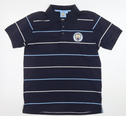 Manchester City Men's Navy Blue Striped Polo Shirt Size M