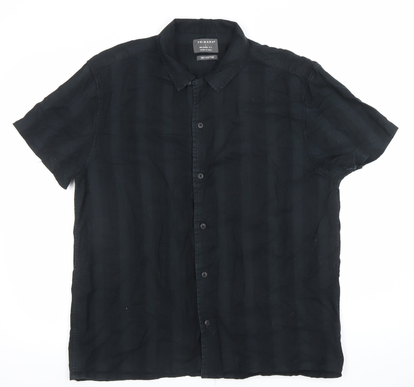 Primark Men's Black Relaxed Fit Cotton Short Sleeve Button-Up Shirt Size L
