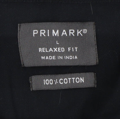 Primark Men's Black Relaxed Fit Cotton Short Sleeve Button-Up Shirt Size L