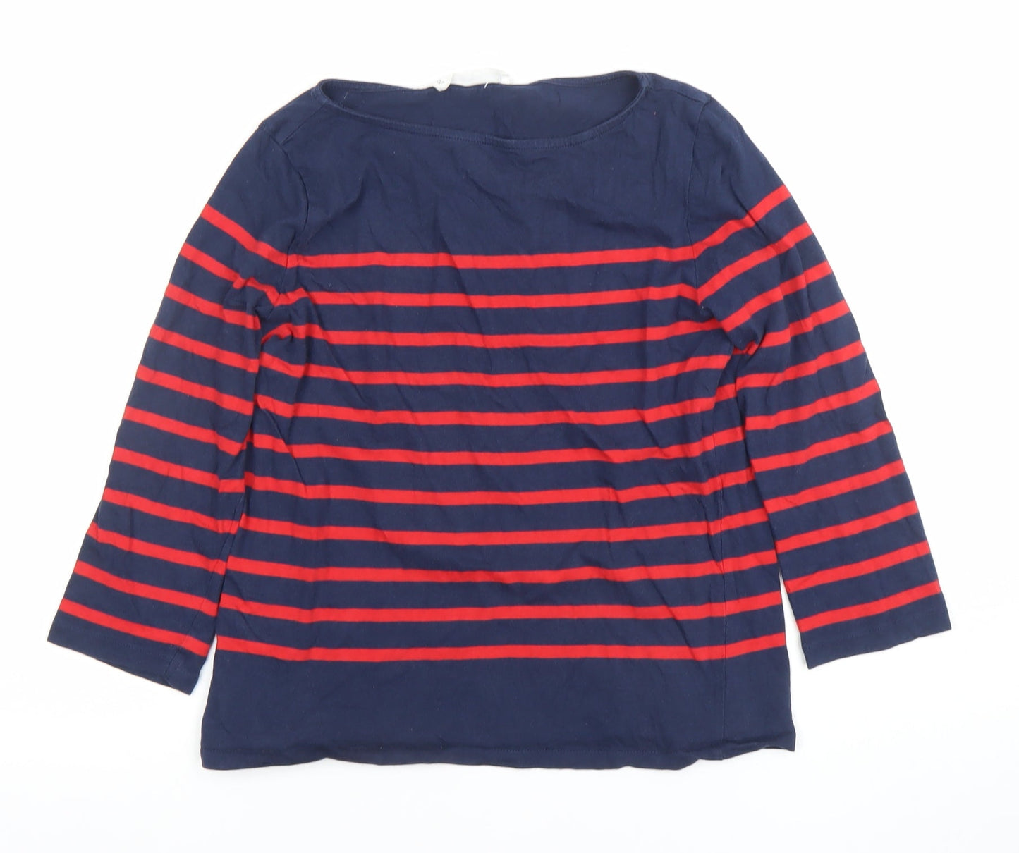 MNG Women Navy Red Striped 3/4 Sleeve Cotton Boat Neck Top Size S