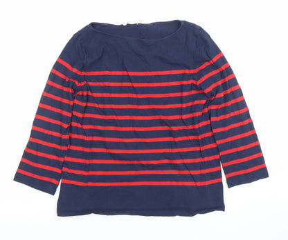 MNG Women Navy Red Striped 3/4 Sleeve Cotton Boat Neck Top Size S