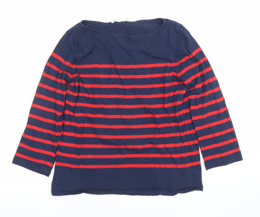 MNG Women Navy Red Striped 3/4 Sleeve Cotton Boat Neck Top Size S