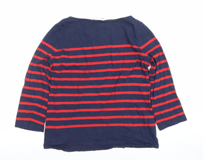 MNG Women Navy Red Striped 3/4 Sleeve Cotton Boat Neck Top Size S
