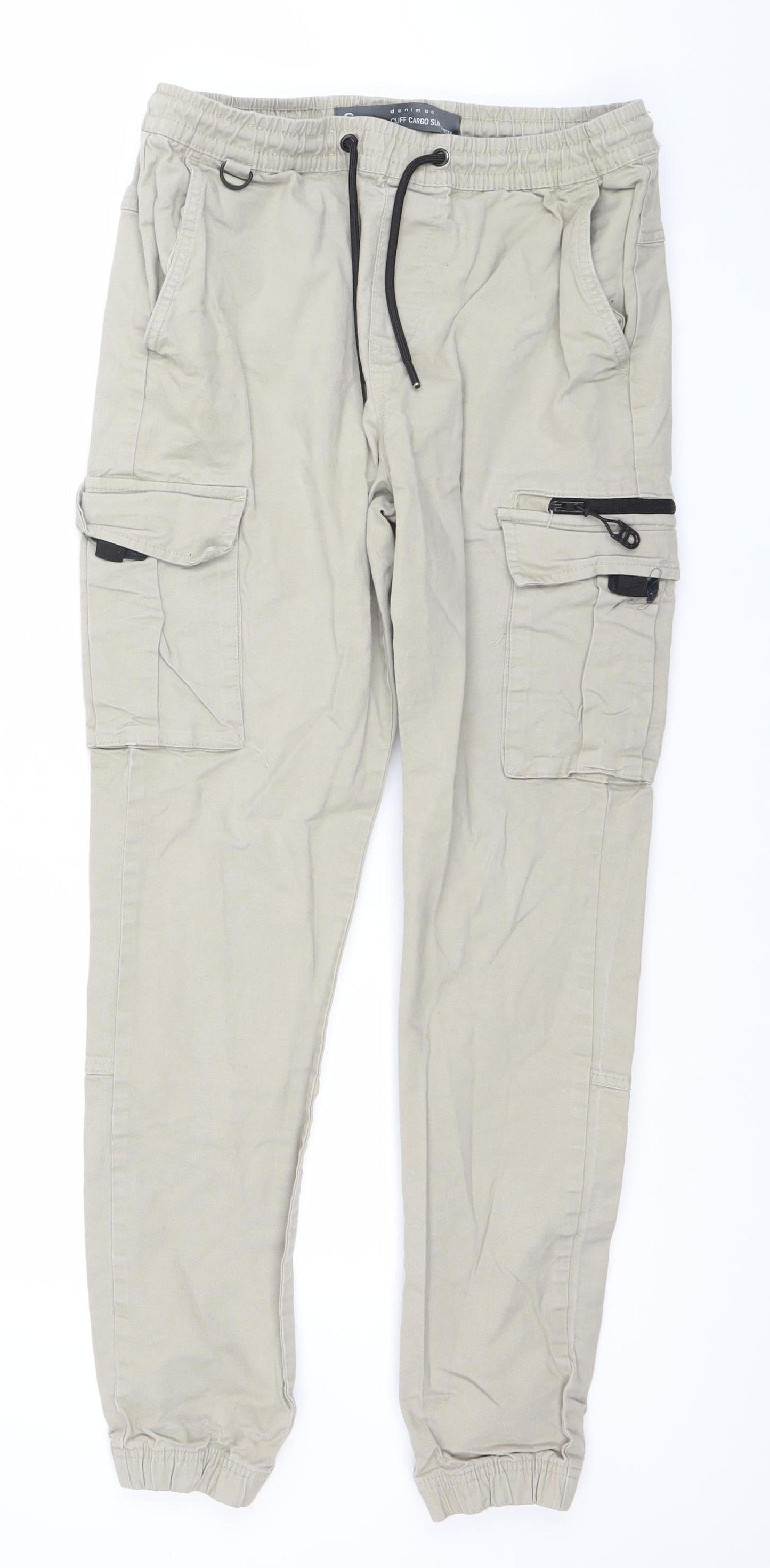 Denim Co. Men's Beige Slim Cargo Trousers Size S Elastic Waist