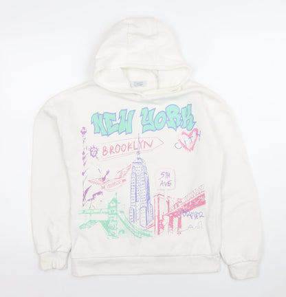 Primark Boys White Graphic Print Hoodie 10-11 Years Pullover Cotton Blend