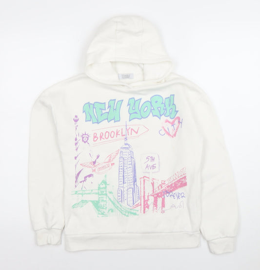 Primark Boys White Graphic Print Hoodie 10-11 Years Pullover Cotton Blend