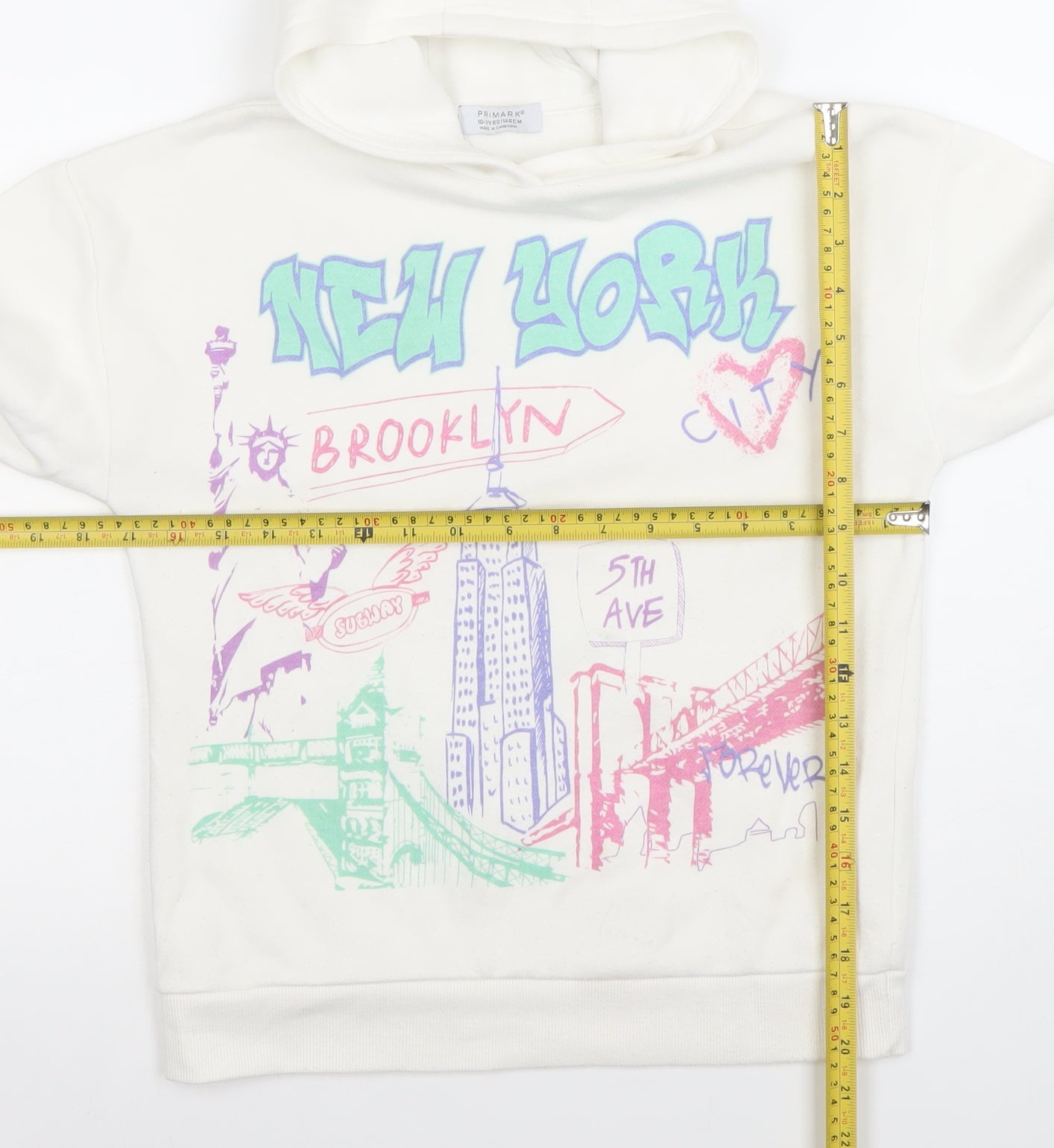 Primark Boys White Graphic Print Hoodie 10-11 Years Pullover Cotton Blend