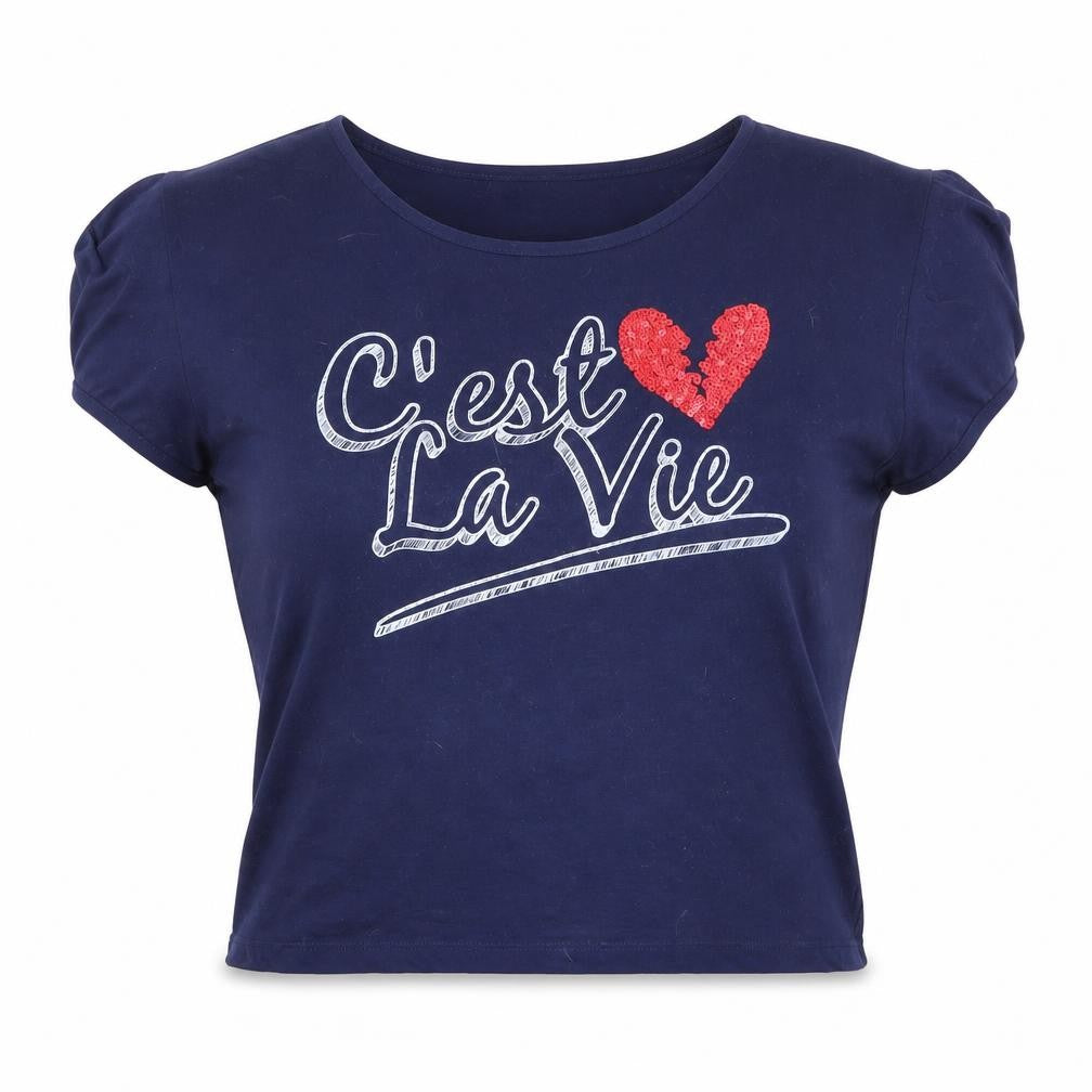 Womens UK Size 14 Look Blue Cropped T-Shirt