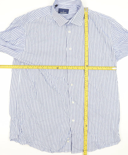 Daniel Hechter Men's Blue Striped 17in Regular Fit Cotton Long Sleeve Shirt