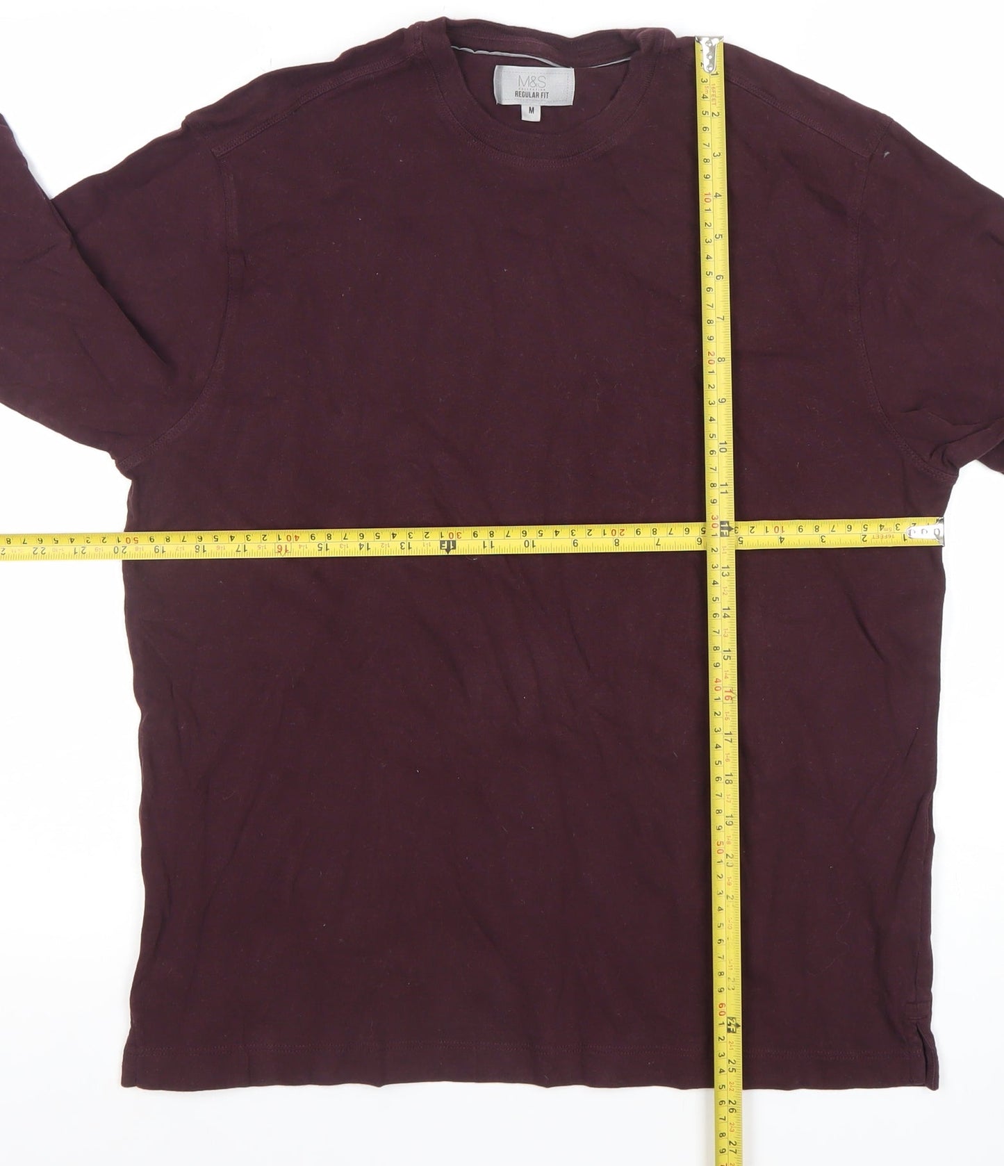 Marks and Spencer Men's Burgundy Cotton Long Sleeve Regular Fit T-Shirt Medium