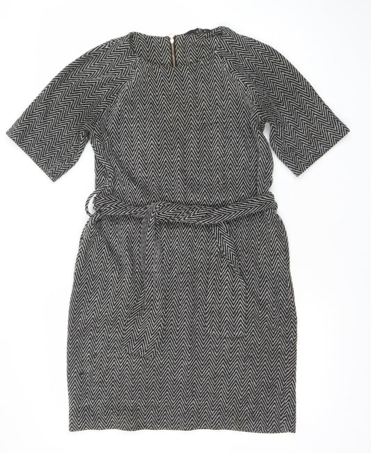 Next Women Black Chevron Belted Shift Dress Size 8 3/4 Sleeve Workwear