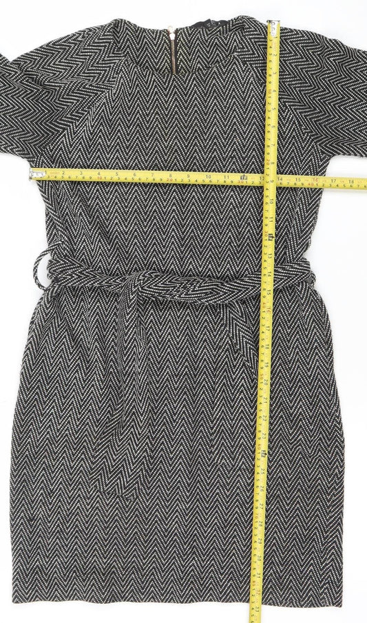 Next Women Black Chevron Belted Shift Dress Size 8 3/4 Sleeve Workwear