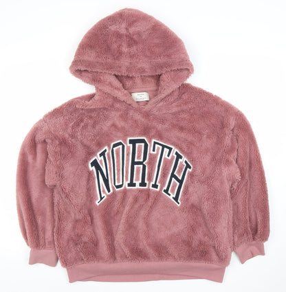 Bershka Women's Pink Fleece Pullover Hoodie Size 12 'NORTH' Design