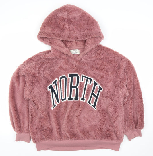 Bershka Women's Pink Fleece Pullover Hoodie Size 12 'NORTH' Design