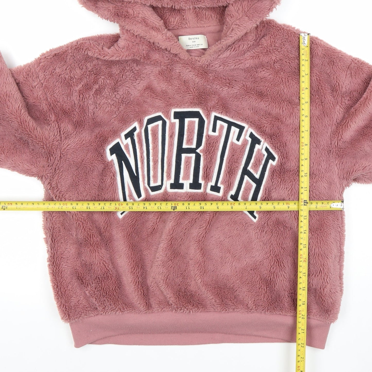Bershka Women's Pink Fleece Pullover Hoodie Size 12 'NORTH' Design