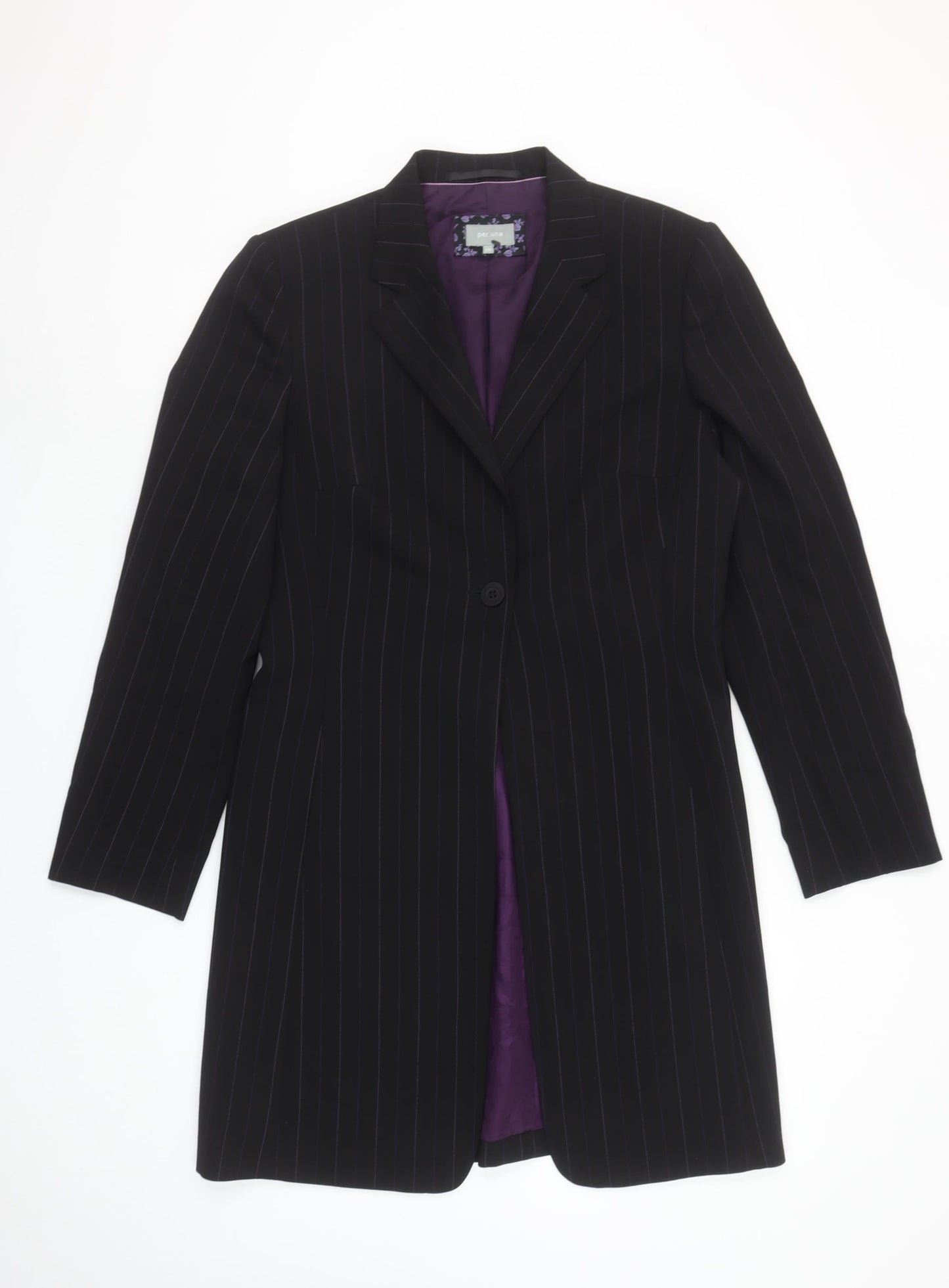 Marks and Spencer Per Una Women's Black Wool Pinstripe Long Suit Jacket Size 14