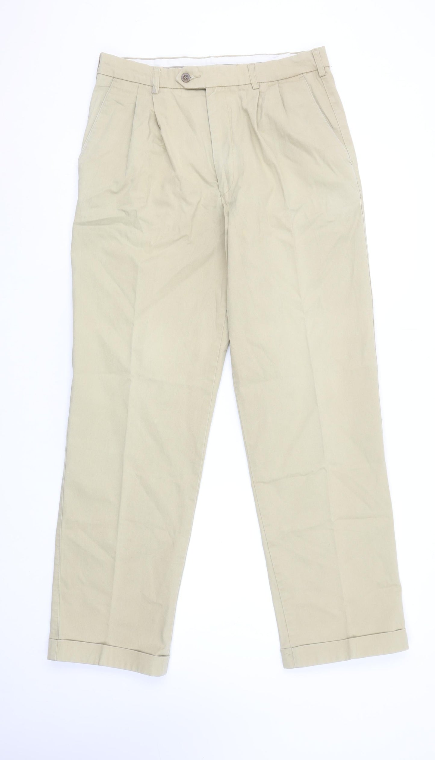 Marks and Spencer Men’s Beige Chino Trousers 32W 31L Pleated Cotton Stretch