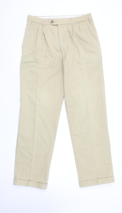Marks and Spencer Men’s Beige Chino Trousers 32W 31L Pleated Cotton Stretch