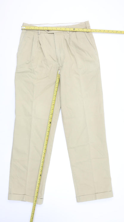 Marks and Spencer Men’s Beige Chino Trousers 32W 31L Pleated Cotton Stretch
