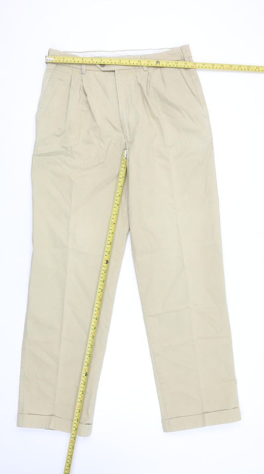 Marks and Spencer Men’s Beige Chino Trousers 32W 31L Pleated Cotton Stretch