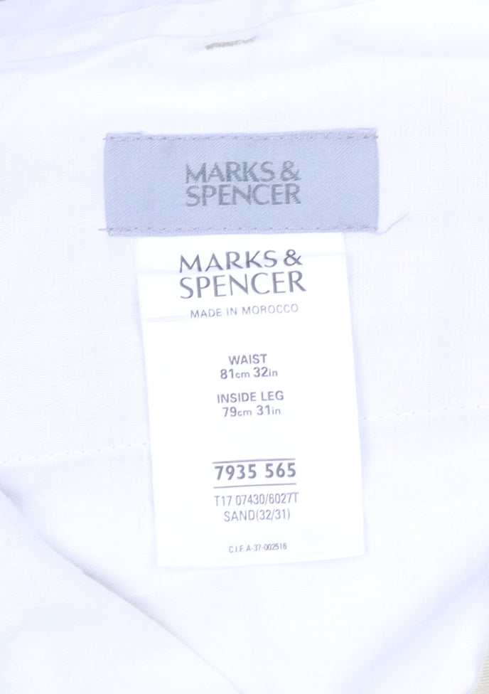 Marks and Spencer Men’s Beige Chino Trousers 32W 31L Pleated Cotton Stretch