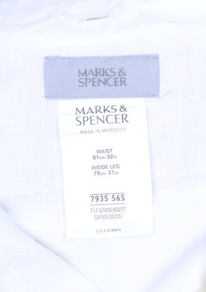 Marks and Spencer Men’s Beige Chino Trousers 32W 31L Pleated Cotton Stretch