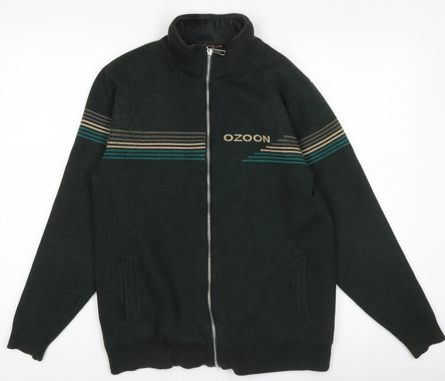 OZOON Men's Green Full Zip High Neck Knit Jumper M Lined Winter Warm