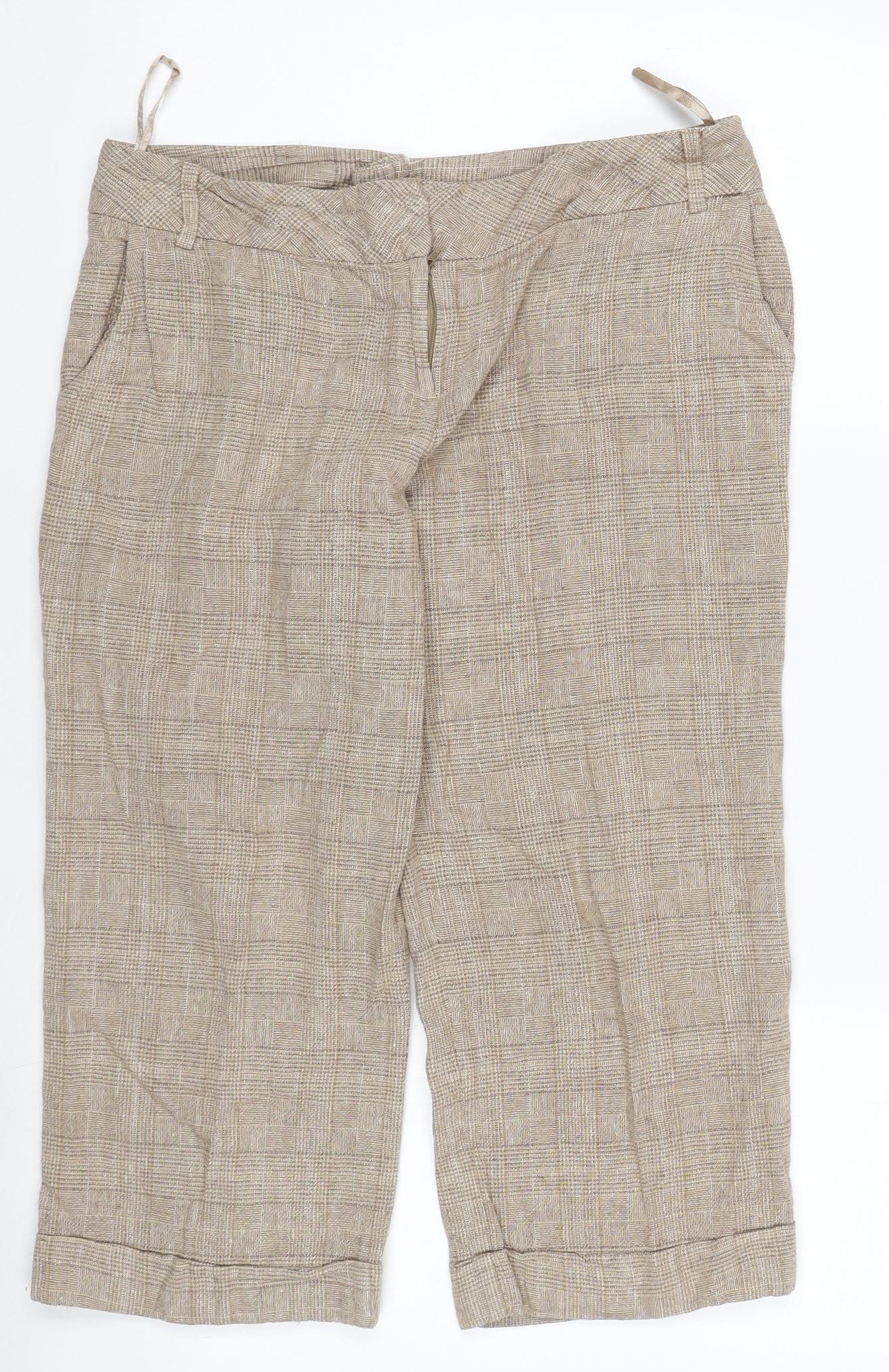 New Look Women Beige Linen Blend Check Chino Shorts Size 14