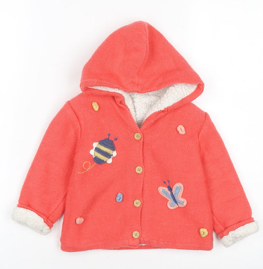 Nutmeg Girls Coral Hooded Cardigan 12-18 Months Acrylic Embroidered Bees & Butterflies