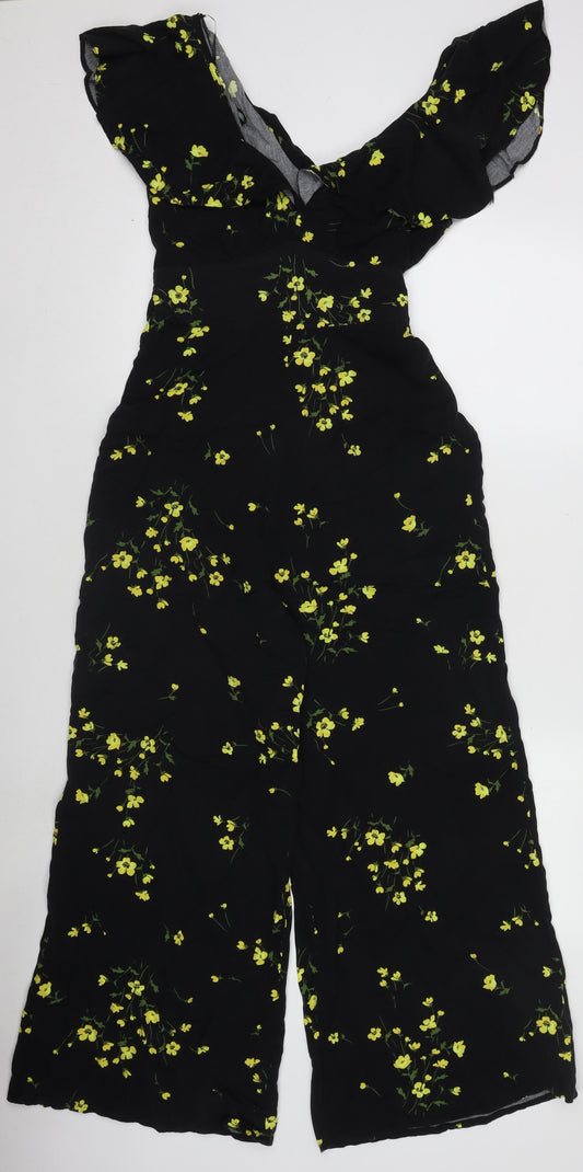 Nobody’s Child Women’s Black Floral Jumpsuit Size 8 Short Sleeve Wide-Leg