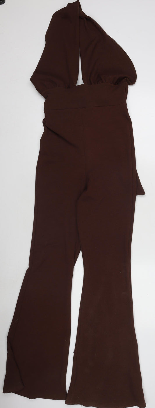 PrettyLittleThing Petite Brown Halterneck Flared Jumpsuit UK 6 Polyester Blend