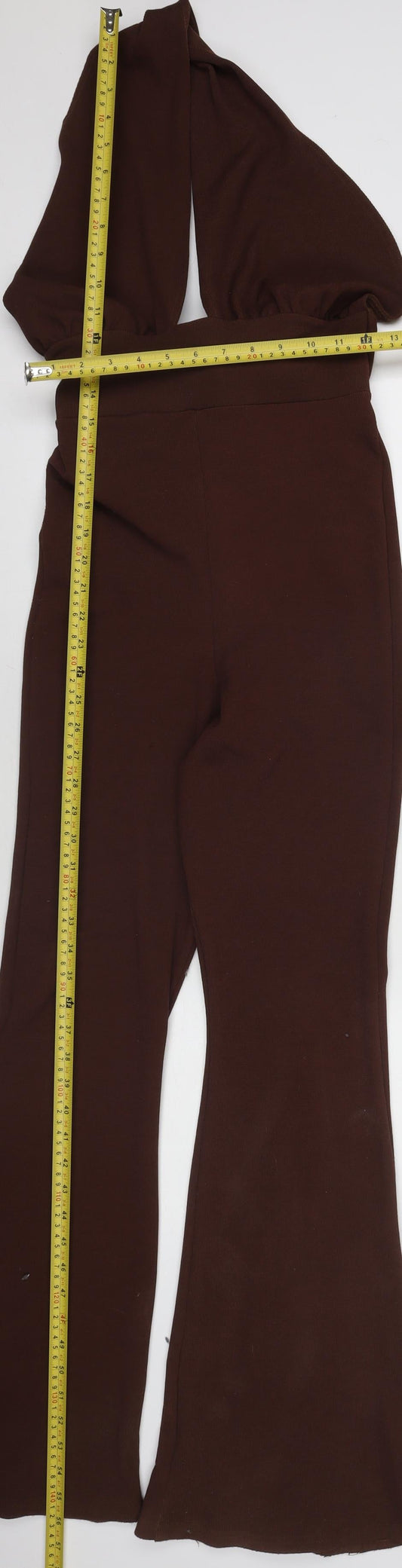 PrettyLittleThing Petite Brown Halterneck Flared Jumpsuit UK 6 Polyester Blend