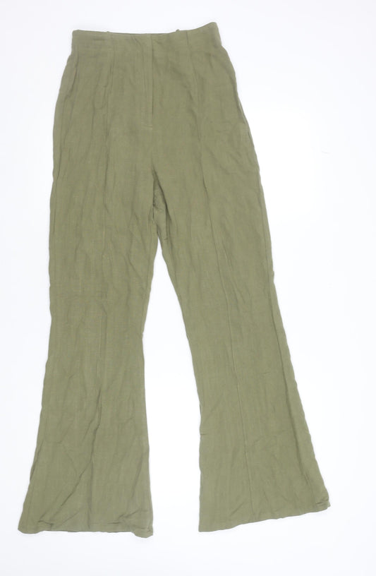 Boohoo Women Green Flared Cotton High Rise Trousers Size 8