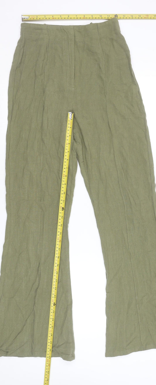 Boohoo Women Green Flared Cotton High Rise Trousers Size 8