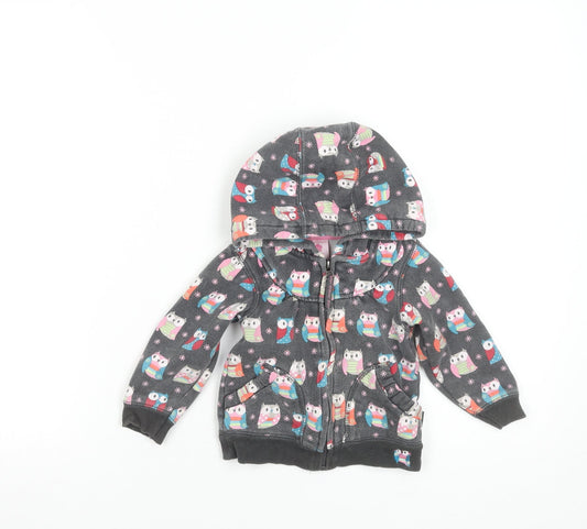 Pumpkin Patch Girls Grey Owl Print Hooded Zip Jacket 24 Months