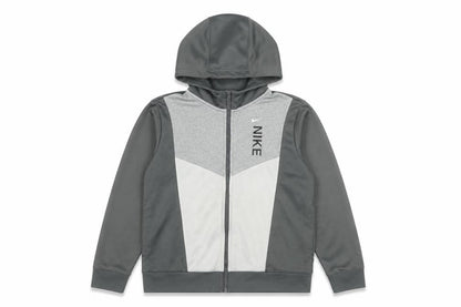 Front view of Nike boys’ grey full zip hoodie, size L, colourblock sportswear