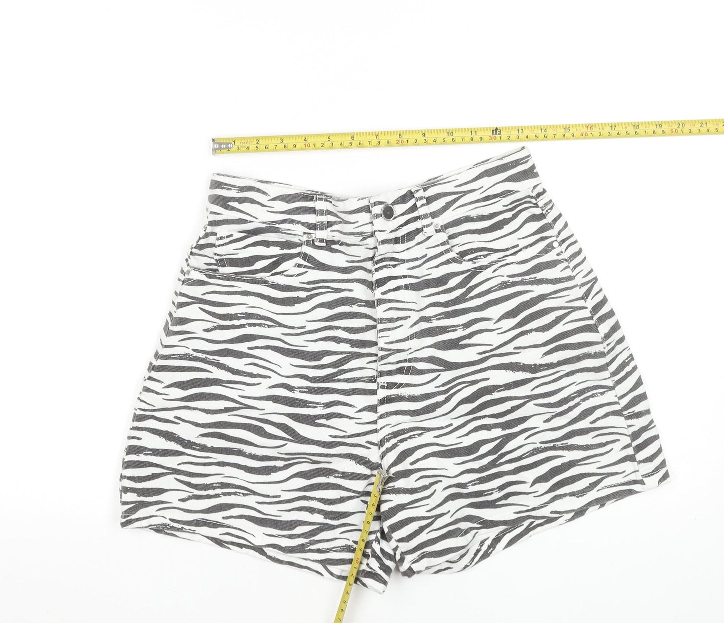ZARA Women Black Zebra Print High Waist Chino Shorts Size 12