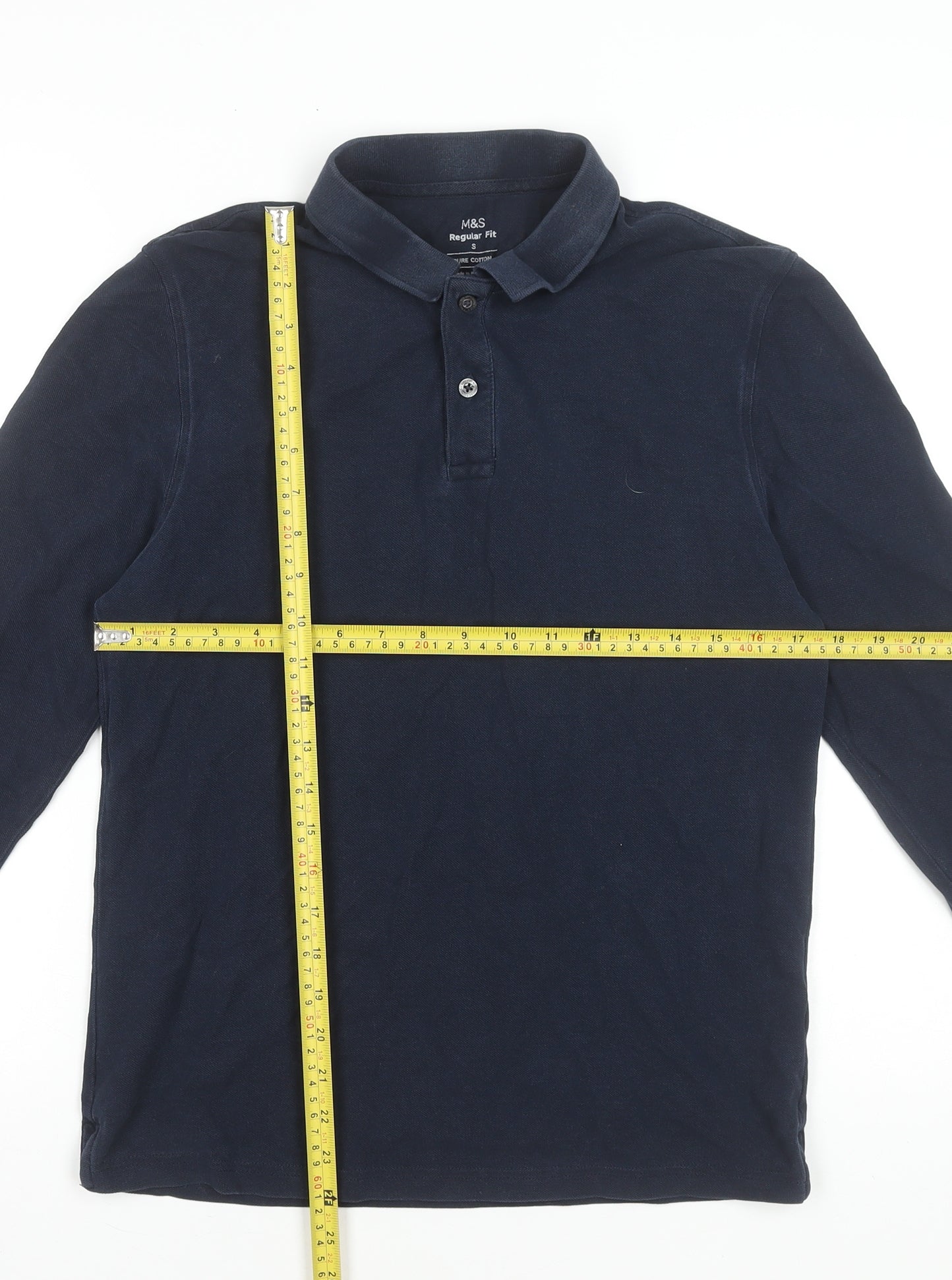 Marks and Spencer Men's Navy Long Sleeve Polo Shirt Size S Regular Fit 100% Cotton