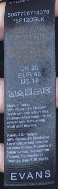 Evans Womens Black Plus Size 20 Tunic Top 3/4 Sleeve Viscose Stretch Blouse