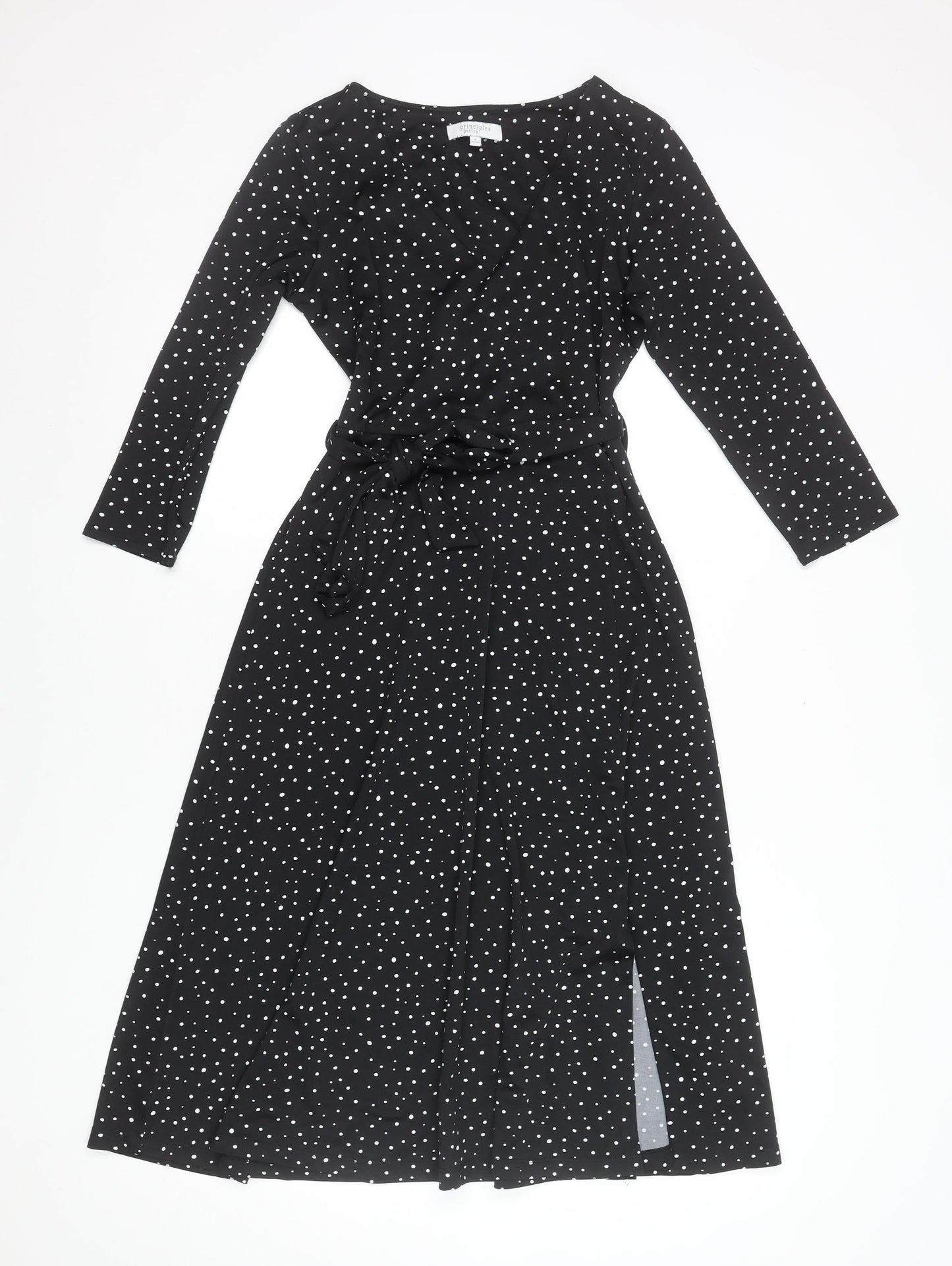 Principles Women Black Polka Dot Petite Size 8 Wrap Midi Dress