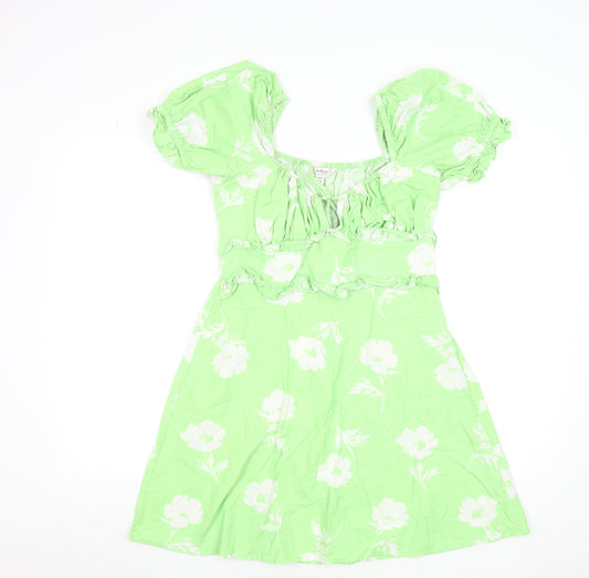 Miss Selfridge Women's Green Floral A-Line Puff Sleeve Dress Size 10