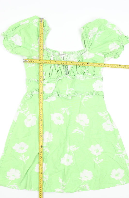 Miss Selfridge Women's Green Floral A-Line Puff Sleeve Dress Size 10