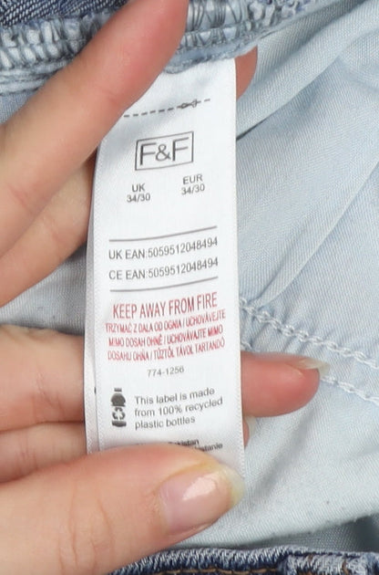 F&F Men's Blue Straight Leg Stretch Denim Jeans 34W 30L